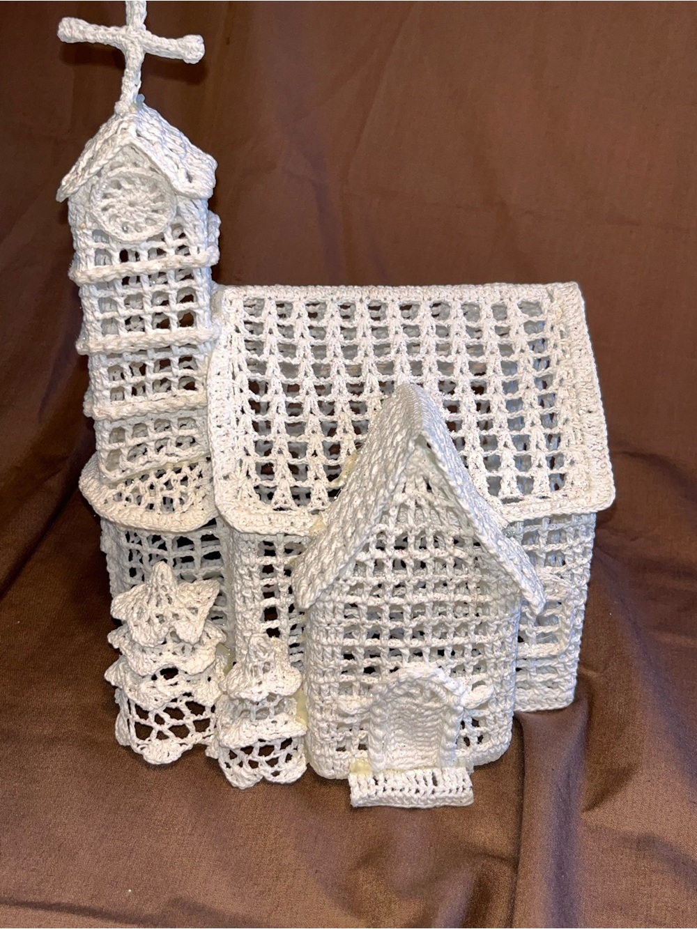 Handmade White Crochet Church Holiday Decor Accent